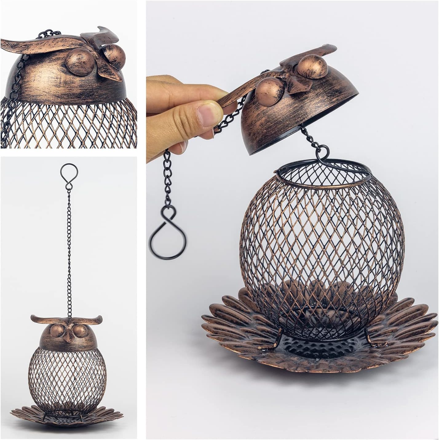 Outdoor Garden Wild Bird Feeder Hanging Bird Feeders, Heavy Duty Copper Metal Mesh Wild Finch Bird Feeder for Outside with Hook for Garden Yard Decor, Owl Shaped
