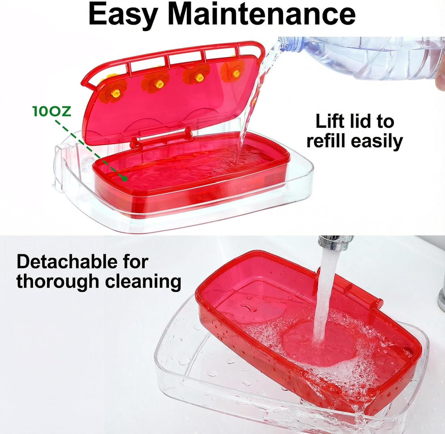 2 Pack Window Hummingbird Feeder,Strong Suction Cup Hummingbird Feeder with 4 Feeding Ports,Built-in Moat,Easy to Clean and Refill Plastic Humming Bird Feeder,Gift for Bird Lovers(10oz, 2 Red)