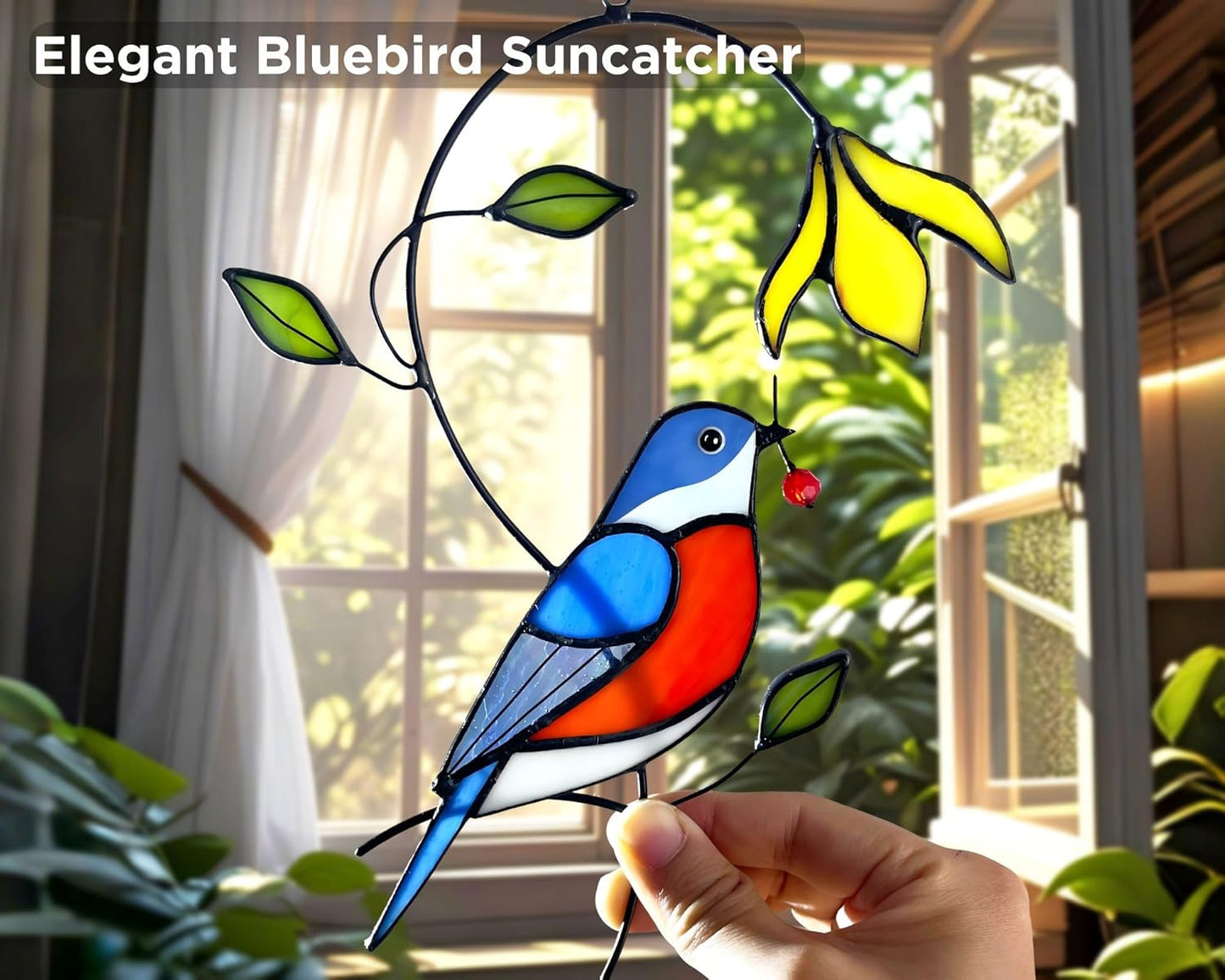Bluebird Flower Stained Glass Window Hanging for Women, Mom, Grandma - Handmade Real Glass Bird Suncatcher - Elegant Gifts Box Home Decor (H7.7xW5.3 inch)