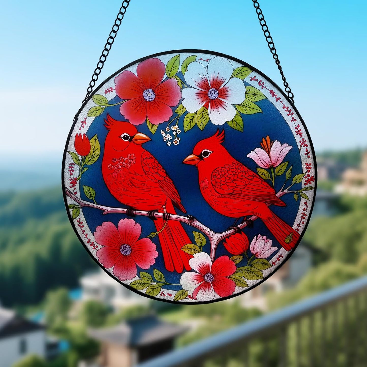 Stained Glass Window Hanging - Cardinal Stained Glass Suncatcher, Cardinal Gifts for Women-Red Bird Sun Catcher for Indoor Window Decor (12Inch)