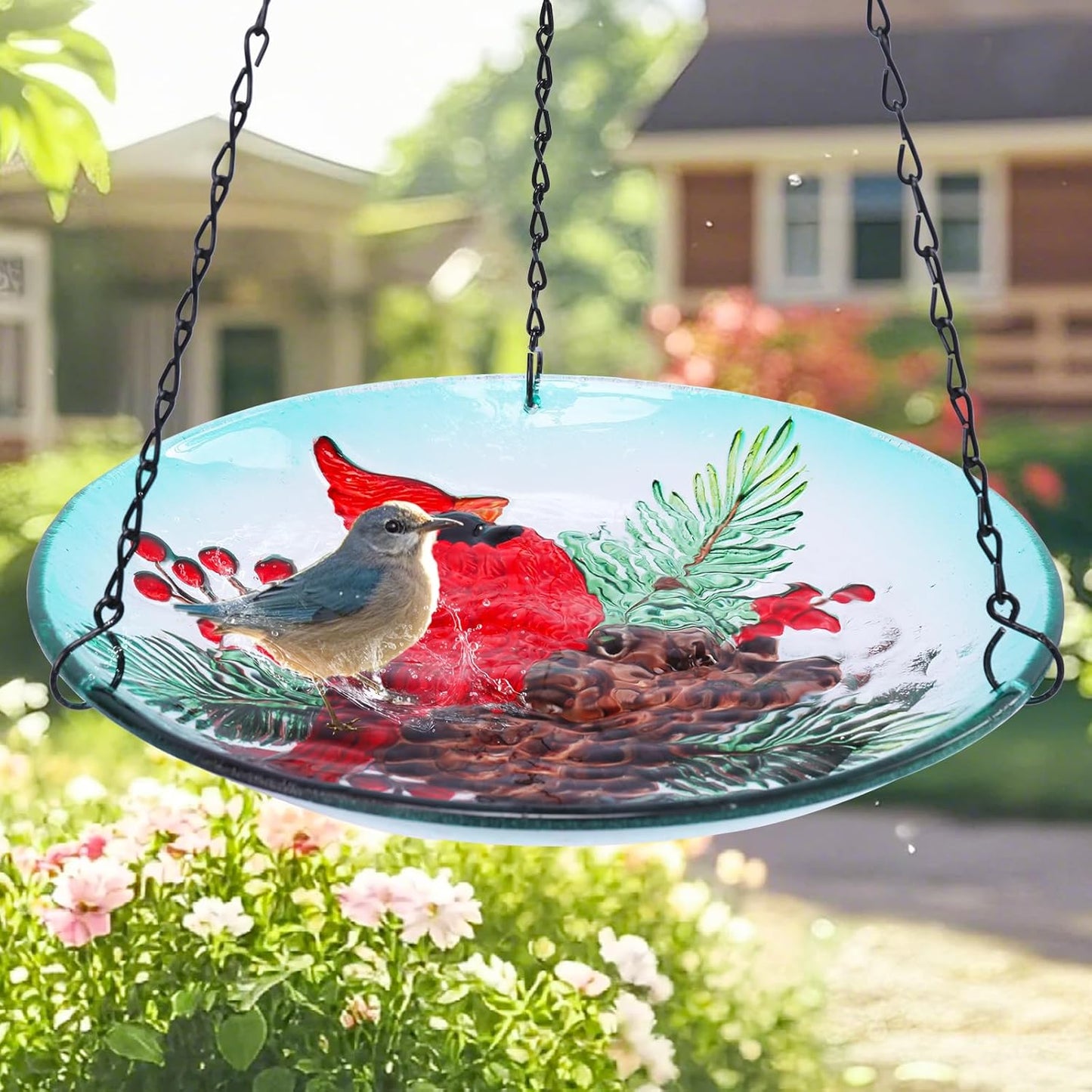 MUMTOP Hanging Bird Baths for Outdoors - Glass Bird Bath, 11 Inch Hanging Bird Bath Cardinal Bird Feeder Bowl for Outside, Garden, Lawn Yard Decor(Green)