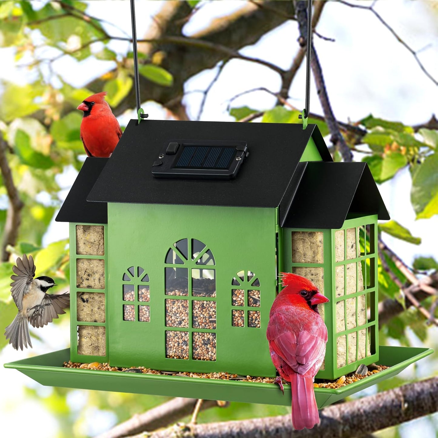 Bird Feeders for Outdoors,Solar Metal Large Capacity Cardinal Birdfeeders with Suet Holder,Cardinal Bird Suet Feeder,Birdhouse,Weatherproof and Durable