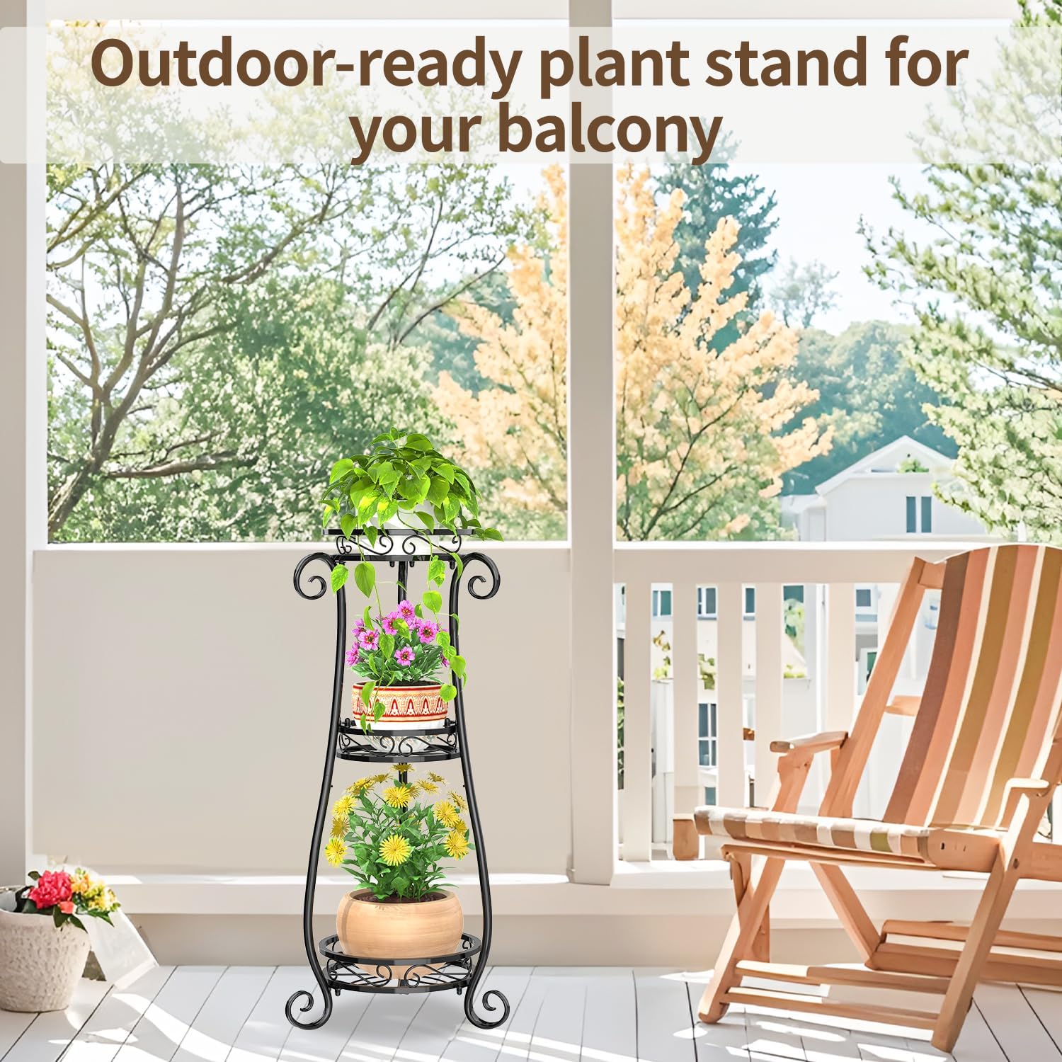 LASZOLA 3 Tier Black Metal Plant Stand for Multiple Large Planters Ind