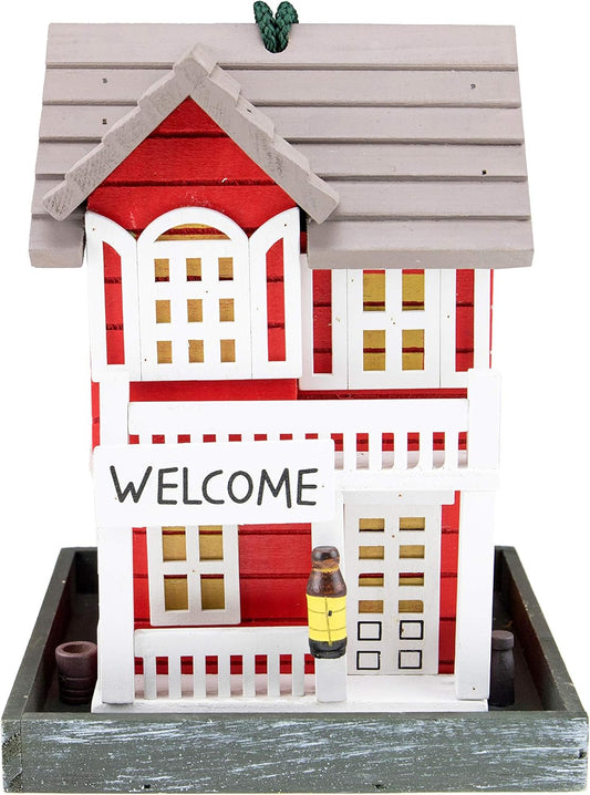 CLEVER GARDEN Hanging Birdhouse, Decorative Outdoor Bird Feeder for Hummingbirds and Wild Birds, Red Welcome