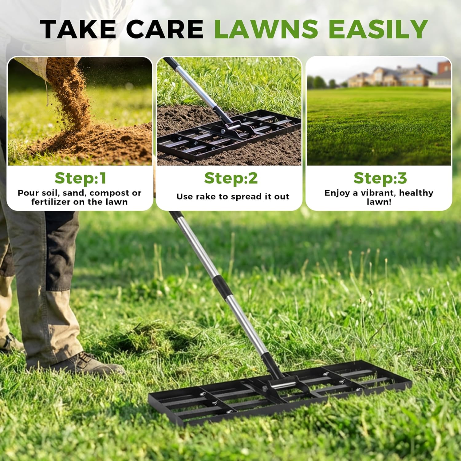 Lawn Leveling Rake, 30"x10" Stainless Steel Lawn Leveler with 76" Adju