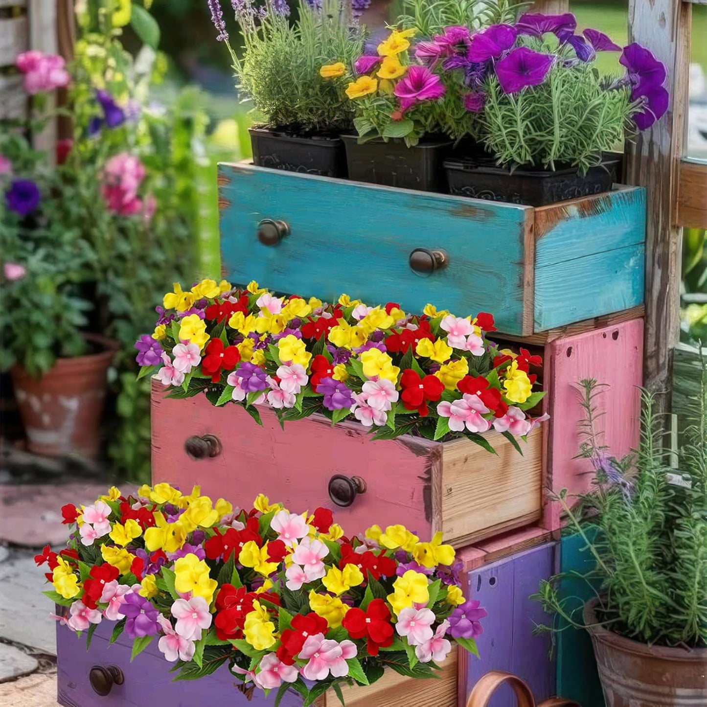 4 Pcs Artificial Flowers for Outdoors Impatiens UV Resistant Silk Flowers Hibiscus Faux Impatiens Flowers for Outdoor Planters Pot Patio Garden Hanging Basket Porch Table Indoor Decor