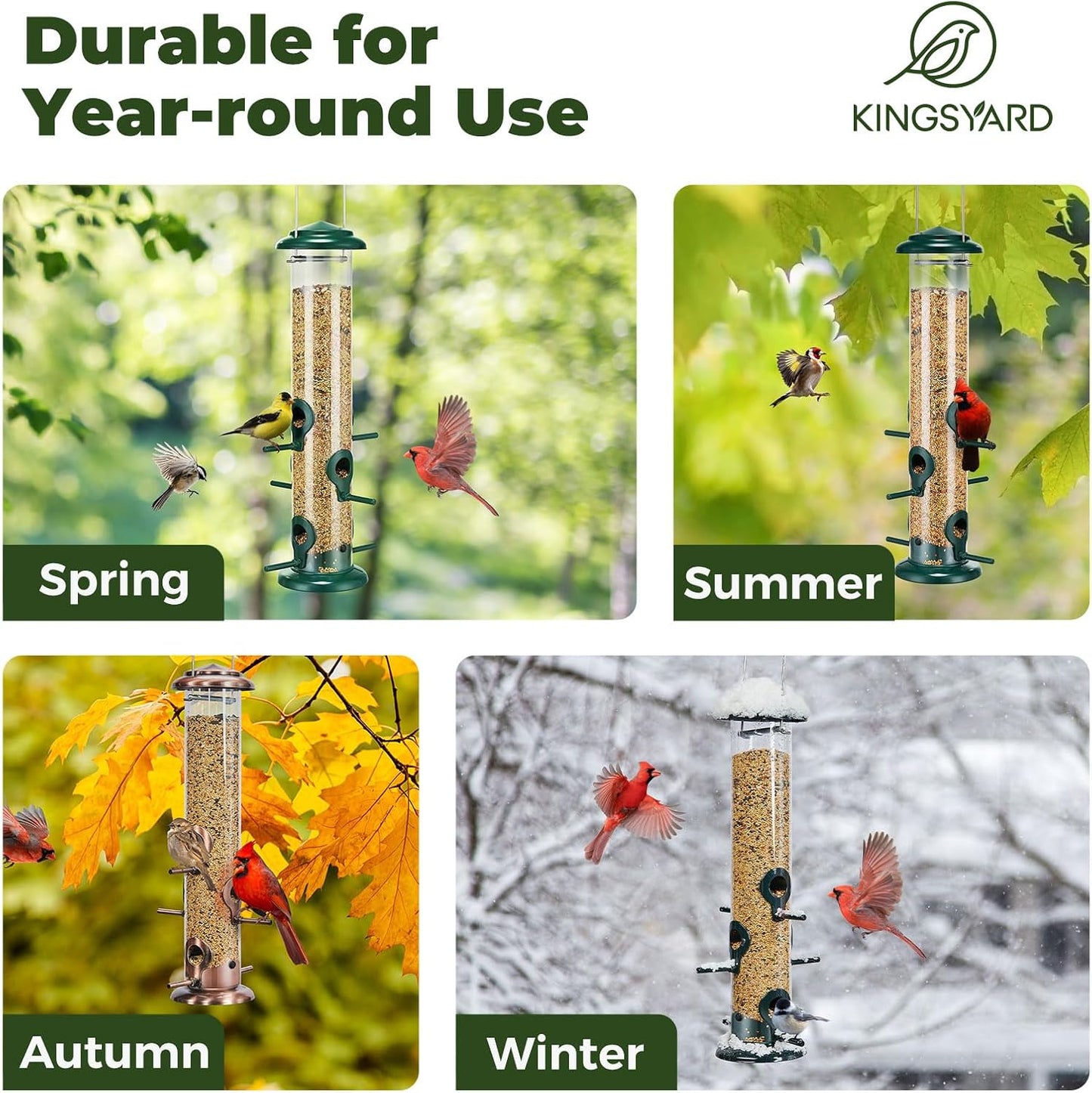 Kingsyard Metal Bird Feeders for Outdoors Hanging, Tube Bird Feeder with 6 Feeding Ports, 15 Inch, Chew-Proof & Weatherproof, Green