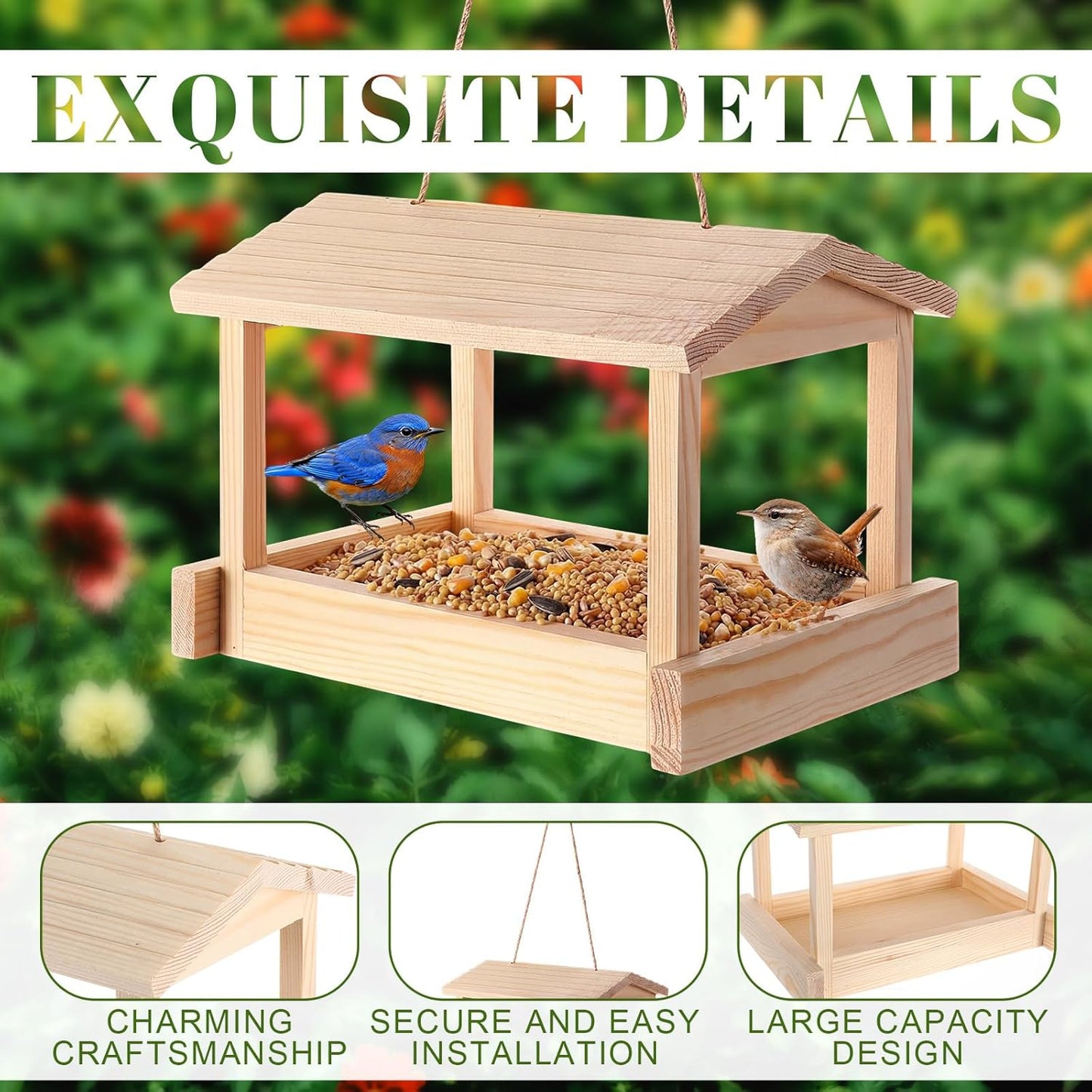 2 Pcs Wooden Bird Feeder for Outdoor Hanging, Platform Bird House, Rustic Garden Yard Decorations for Wild Birds, Cardinals, Finches, Bluebirds, Include Sloped Roof and Sturdy Rope