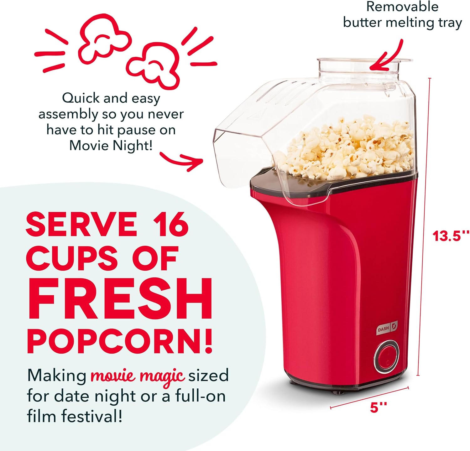 DASH Fresh Pop Popcorn Maker - Oil-Free, Air Popcorn Popper - With Mea