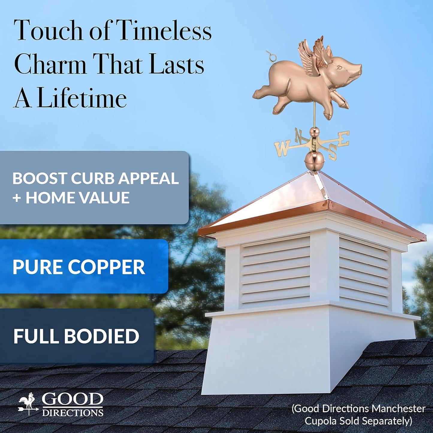 Good Directions Polished Copper Flying Pig Weathervane – Decorative Rooftop Accent for Barns, Homes, Sheds, and Cupolas – Durable & Handcrafted