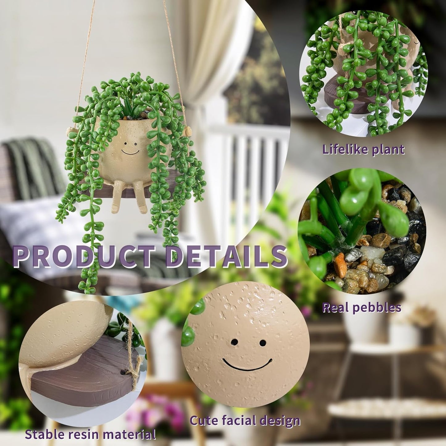 Artificial Hanging String of Pearls Succulent in Cute Smiley Face Swing Planter, Fake Trailing Succulent Plant for Indoor Outdoor Home Wall & Window Decor | Includes Hanging Hook