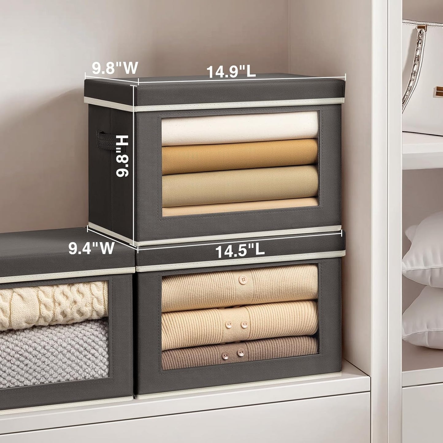 Storage Bins with Lids - Fabric Storage Boxes with Lids, Collapsible Storage Bins with Window, Decorative Closet Organizers and Storage for Clothes, Towels, Books, 3 Pack, Dark Grey