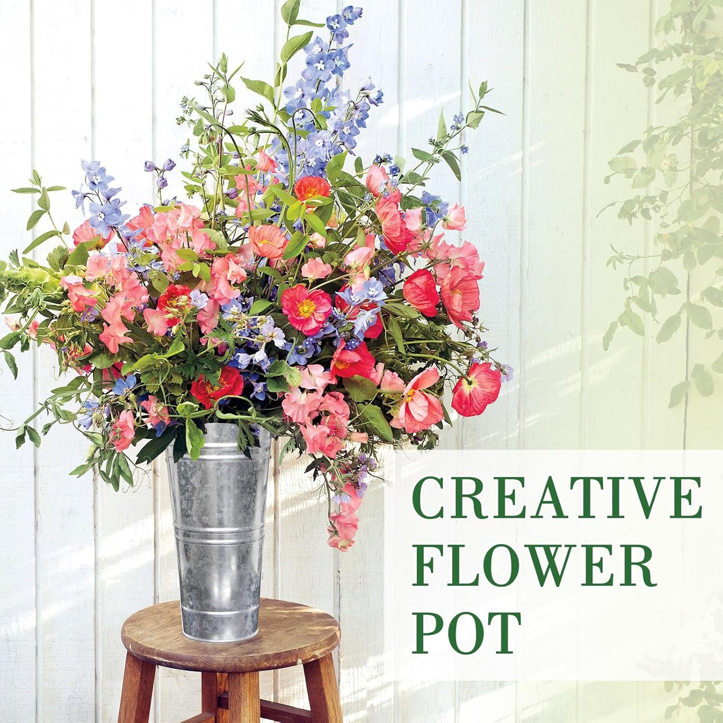 Galvanized Metal Bucket Vases Set of 8, 9 Inch Farmhouse French Flower Buckets Pots with Handles, Rustic Decorative Metal Holder Flower Vase for Home Wedding Table Centerpiece Decor (Silver)