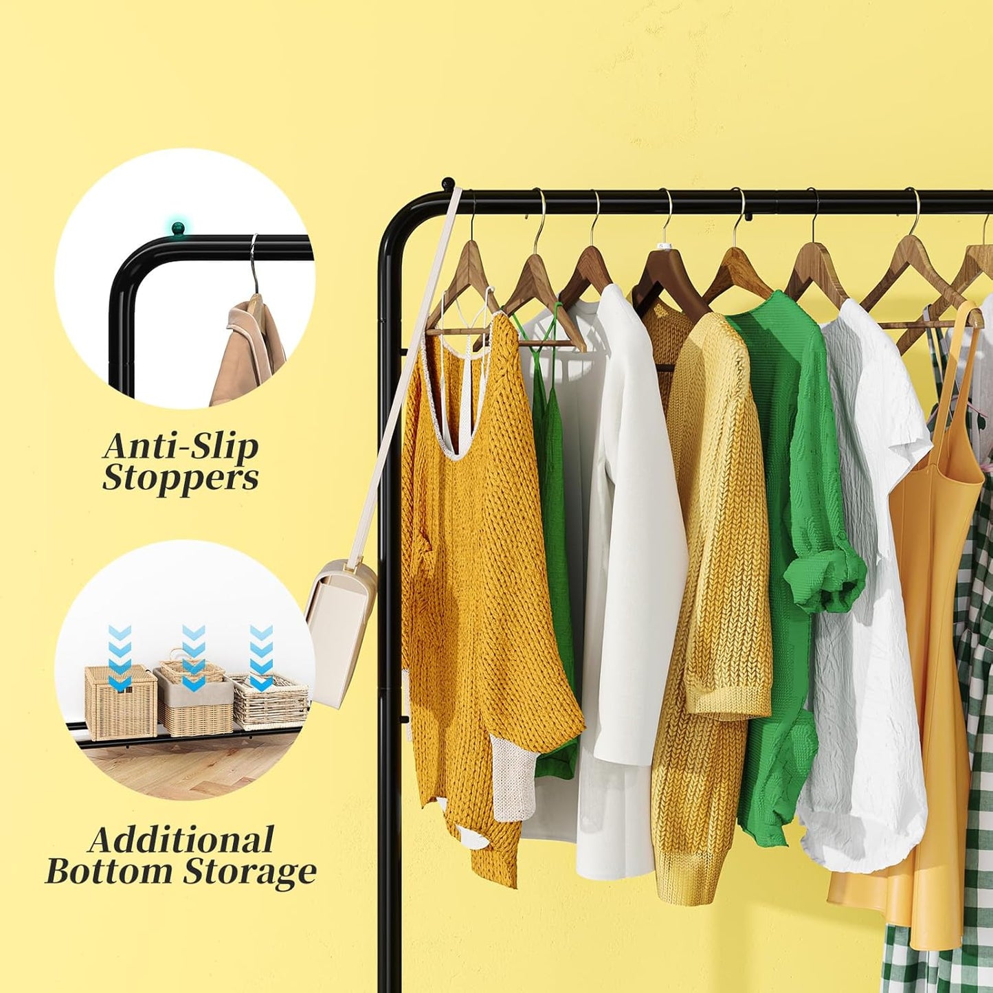 Simple Trending Standard Clothes Clothing Garment Rack with Storage Shelves, Rolling Clothes Organizer on Wheels for Hanging Clothes, Black