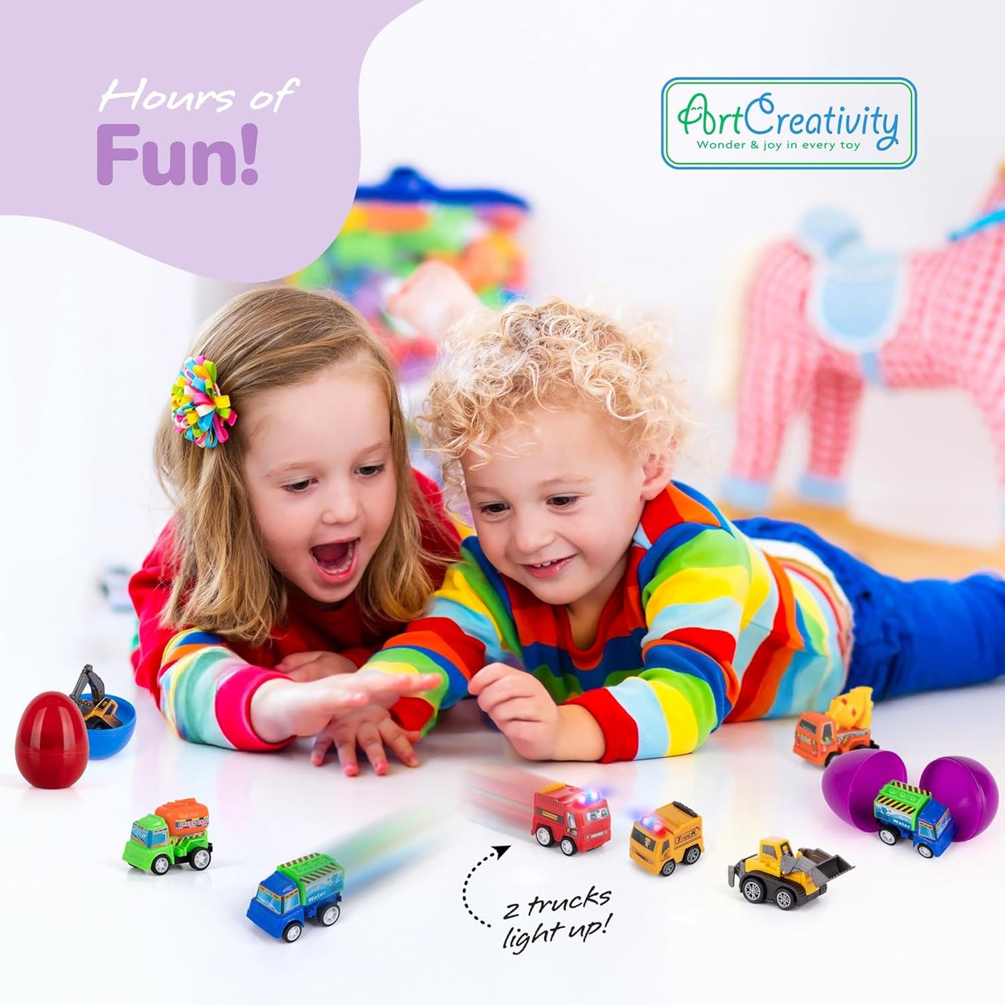 ArtCreativity Pre Filled Easter Eggs with Plastic Vehicles Inside - 12 Colorful Surprise Eggs for Kids with Pullback Construction Truck Toys - Easter Hunt Supplies - Basket Stuffers