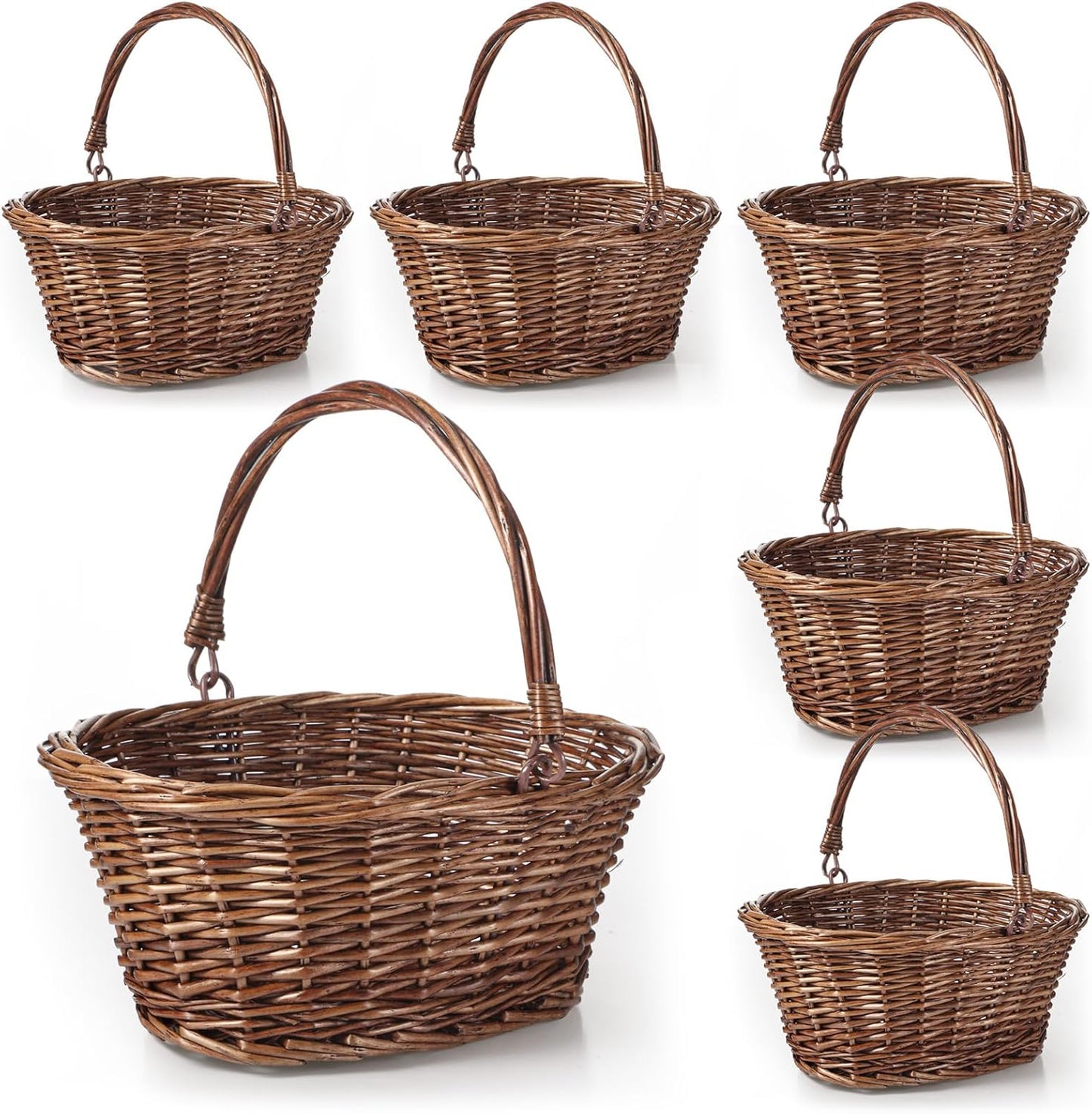 Barydat 6 Pcs Small Wicker Picnic Basket with Handle Flower Girl Baskets Oval Willow Woven Braided Gift Basket for Easter Weddings Baby Shower Home Garden Decor (Brown,9" x 7" x 4")