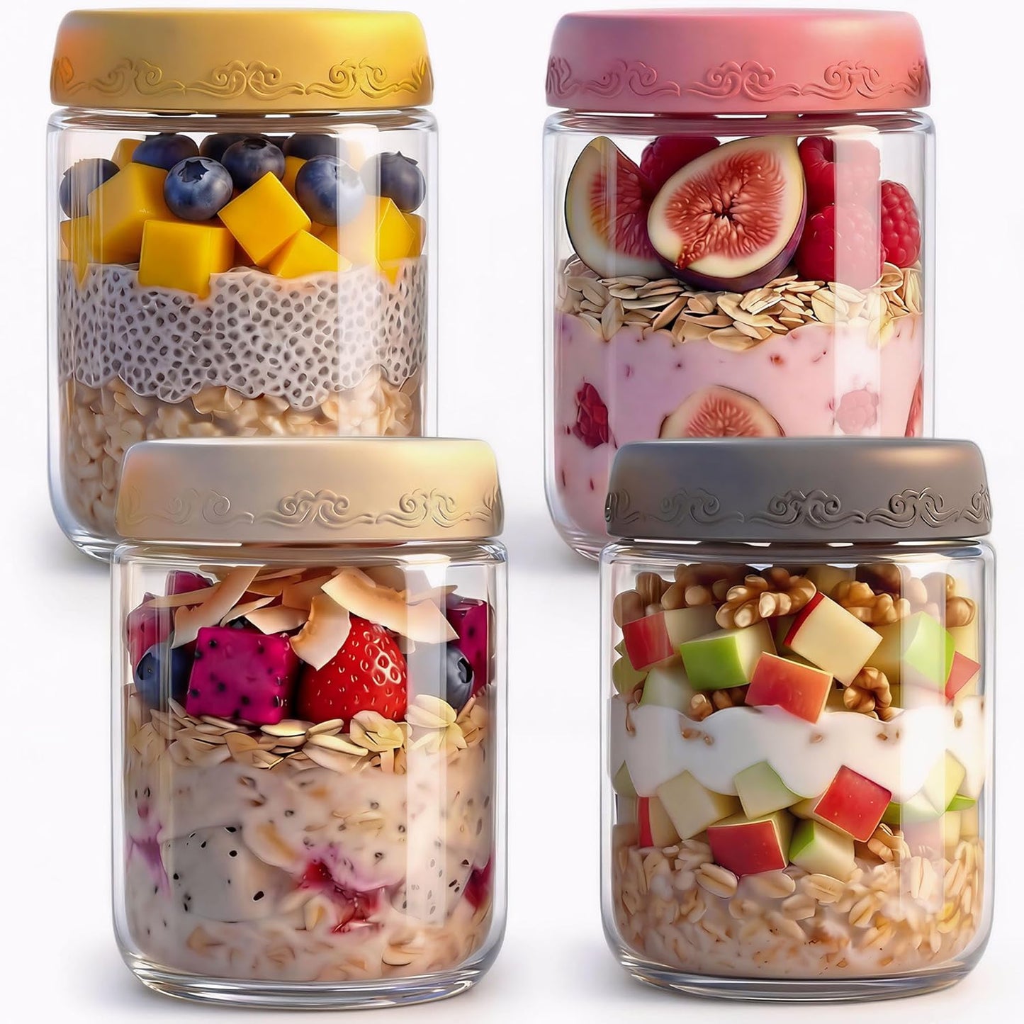 16oz 4Pack Glass Overnight Oats Jars Containers with Airtight Leakproof Lids, Reusable Mason Jars for Meal Prep, Yogurt Parfaits, Smoothies, Salads & Healthy Breakfasts (16 OZ-4-2)