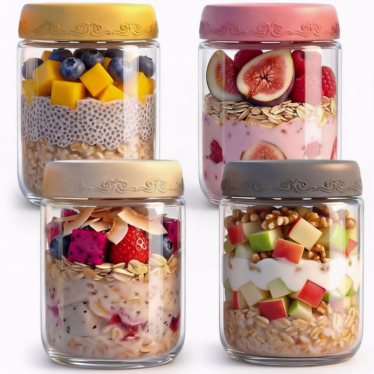 16oz 4Pack Glass Overnight Oats Jars Containers with Airtight Leakproof Lids, Reusable Mason Jars for Meal Prep, Yogurt Parfaits, Smoothies, Salads & Healthy Breakfasts (16 OZ-4-2)