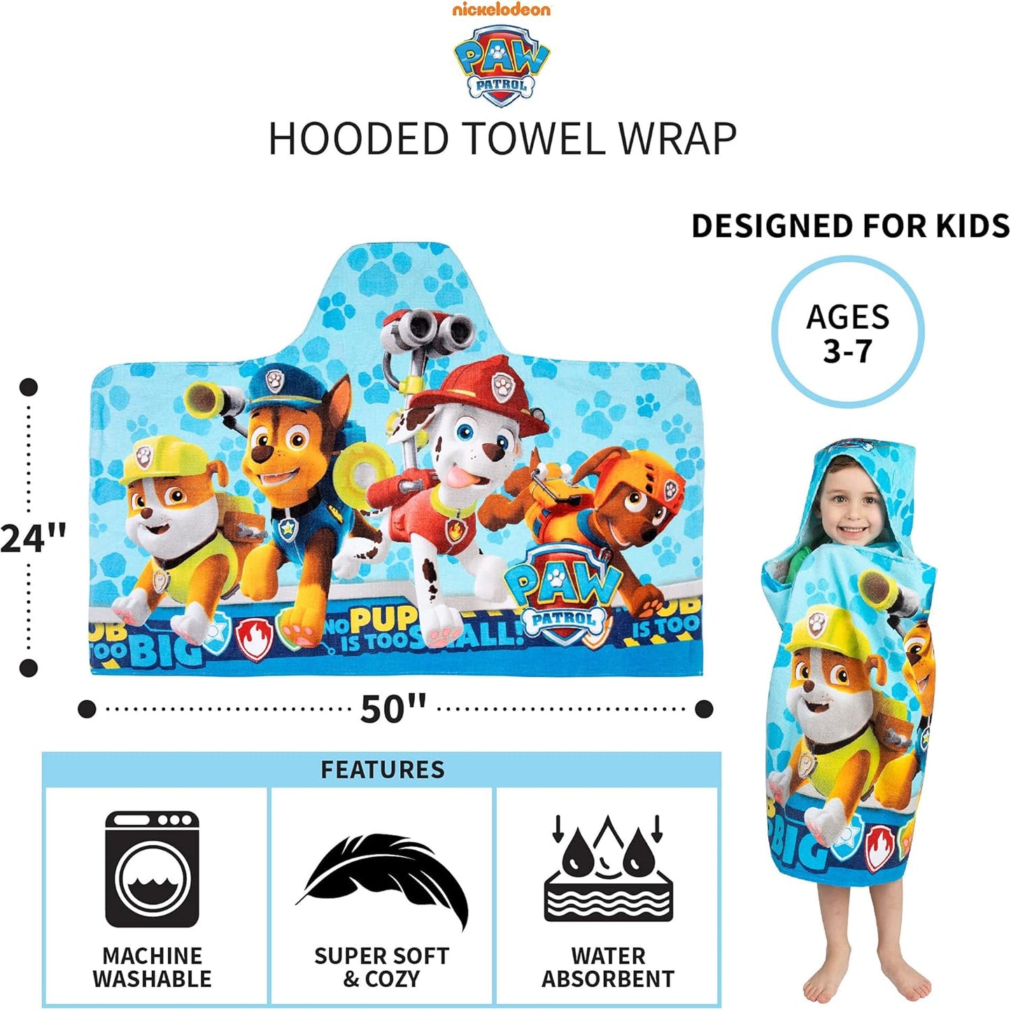 Paw Patrol Blue Bath/Pool/Beach Soft Cotton Terry Hooded Towel Wrap, 2