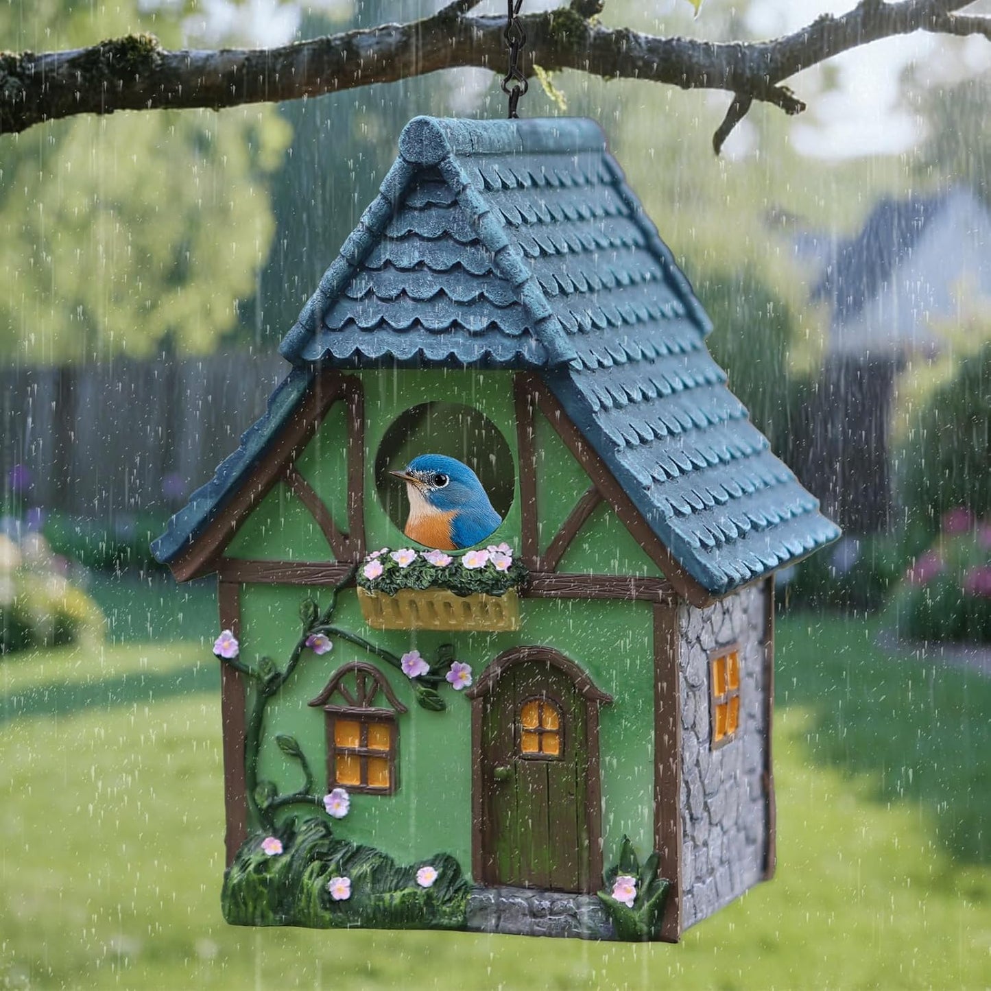 Bird Houses for Outside Cottage Garden Birdhouse –Green Resin Birdhouses for Outdoors with Flower and Stone Details for Bluebird Finches Cardinals Bird Nesting Garden, Patio, Yard