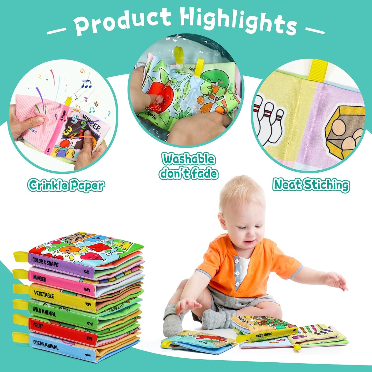 OKOOKO Soft Baby Books 6PCS Soft Cloth Books Bath Books Crinkle Washab