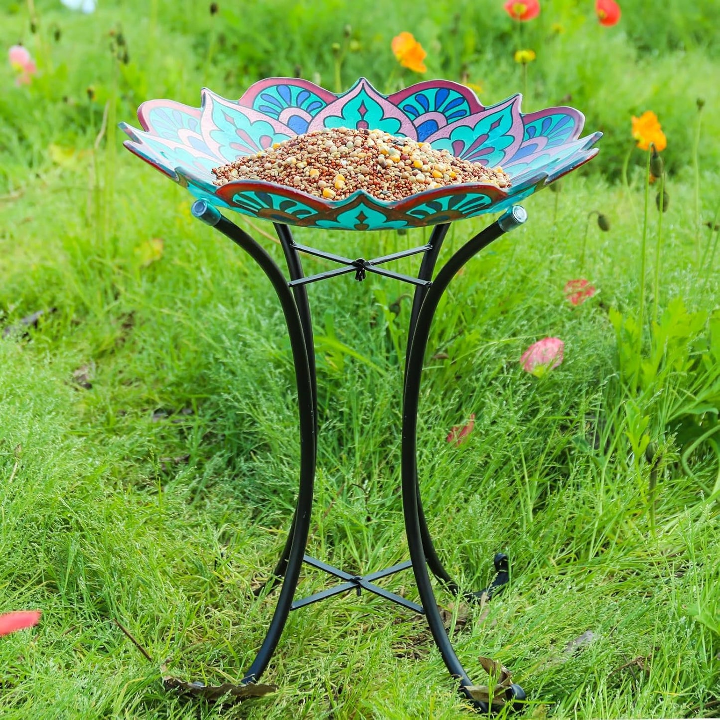 DREAM GARDEN Bird Bath for Outside, Glass Solar Birdbath with Foldable Metal Stand for Garden Yard Patio Lawn Decor, 21 Inch Height