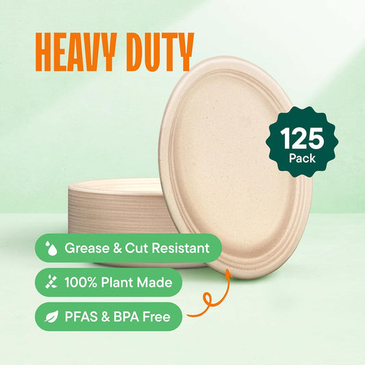 100% Compostable Oval Paper Plates [12.5 inch - 50-Pack] Elegant Disposable Dinner Platter Heavy-Duty Quality, Natural Bagasse Unbleached Eco-Friendly Made of Sugar Cane Fibers, [12.5" x 10" Platter]