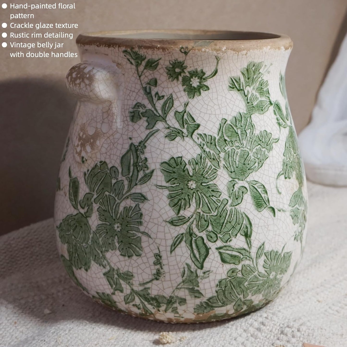 Vintage Green and White Ceramic Floral Vase Planter, Rustic Crackle Glaze Pottery Jar, Hand-Painted Floral Pot Design for Flowers or Plants, Farmhouse & Cottage Home Decor Accent
