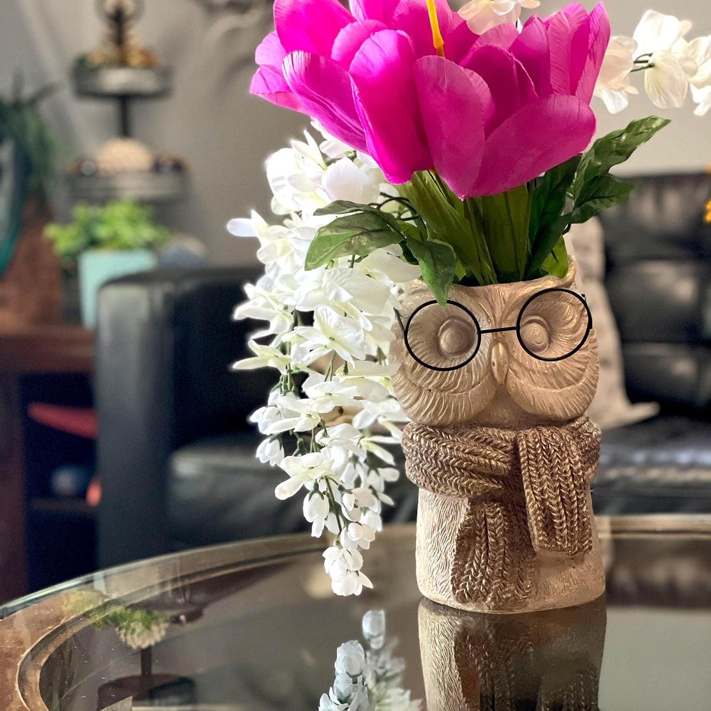 Bespectacled Owl Cement Vase 8.25 Inch – Whimsical Animal Planter with Real Glasses, Knit Textured Scarf, and Gold Metallic Accents, Distressed Taupe Finish, Unique Indoor Decor Gift