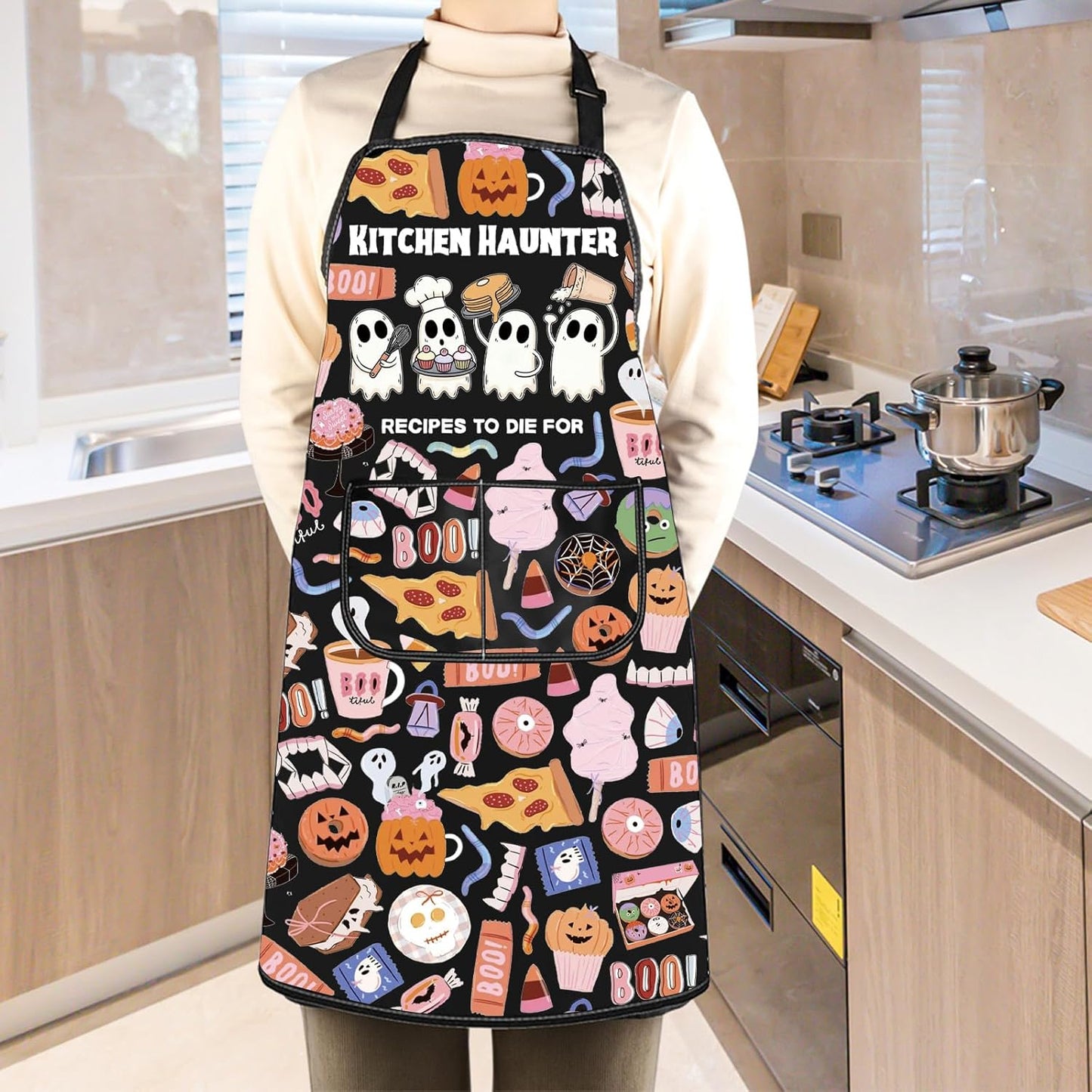 WCGXKO Kitchen Haunter Recipes to Die for Kitchen Apron Cute Ghost Gift for Fall & Halloween Lover