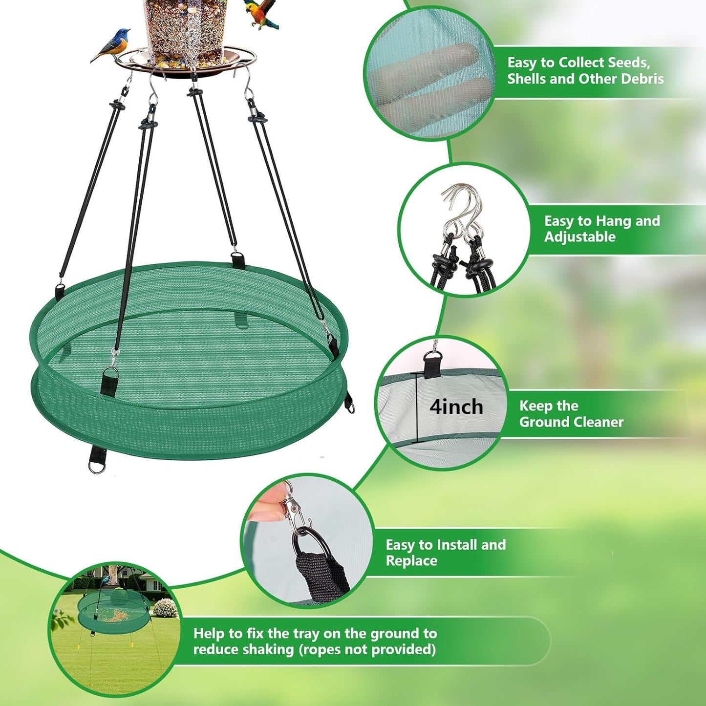 2Pcs Bird Seed & Shell Catcher Tray for Hanging Bird Feeder Platform, Birdseed Hoop for Outdoor Garden Hanging Tray (Green, 20inch)