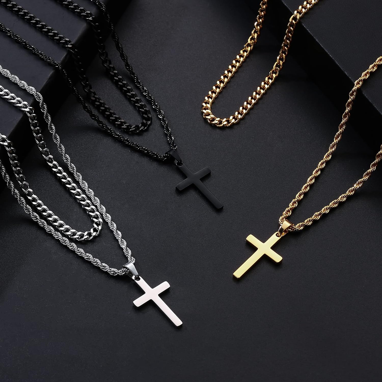 Yooblue Easter Basket Stuffers - Cross Necklace for Men, Gold Black Si