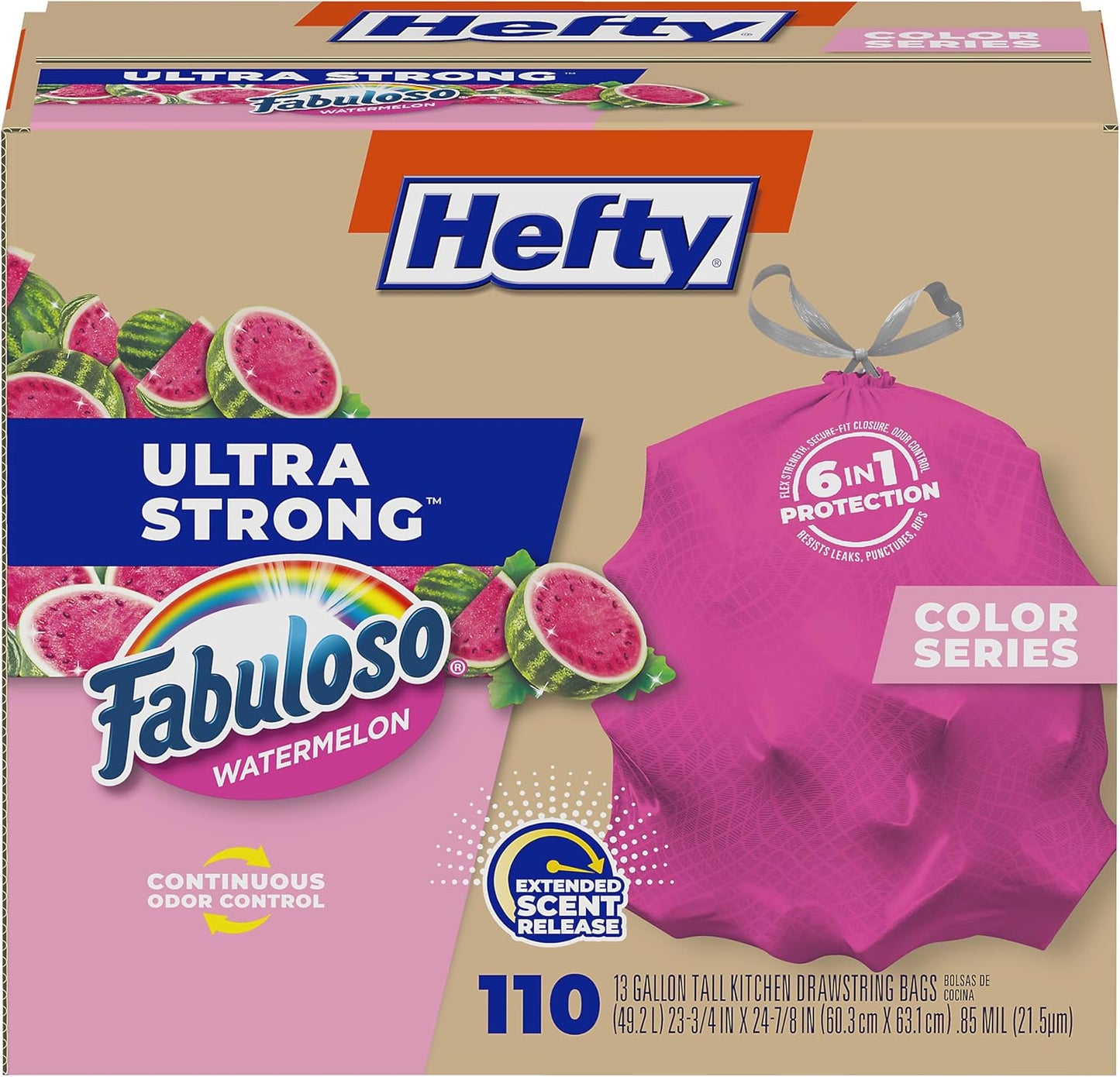Hefty Ultra Strong 13 Gallon Trash Bags, Tall Kitchen Trash Bags 13 Gallon Size, Resist Leaks, Punctures, and Rips, Continuous Odor Control, Pink, Fabuloso Watermelon Scent, 110 Bags