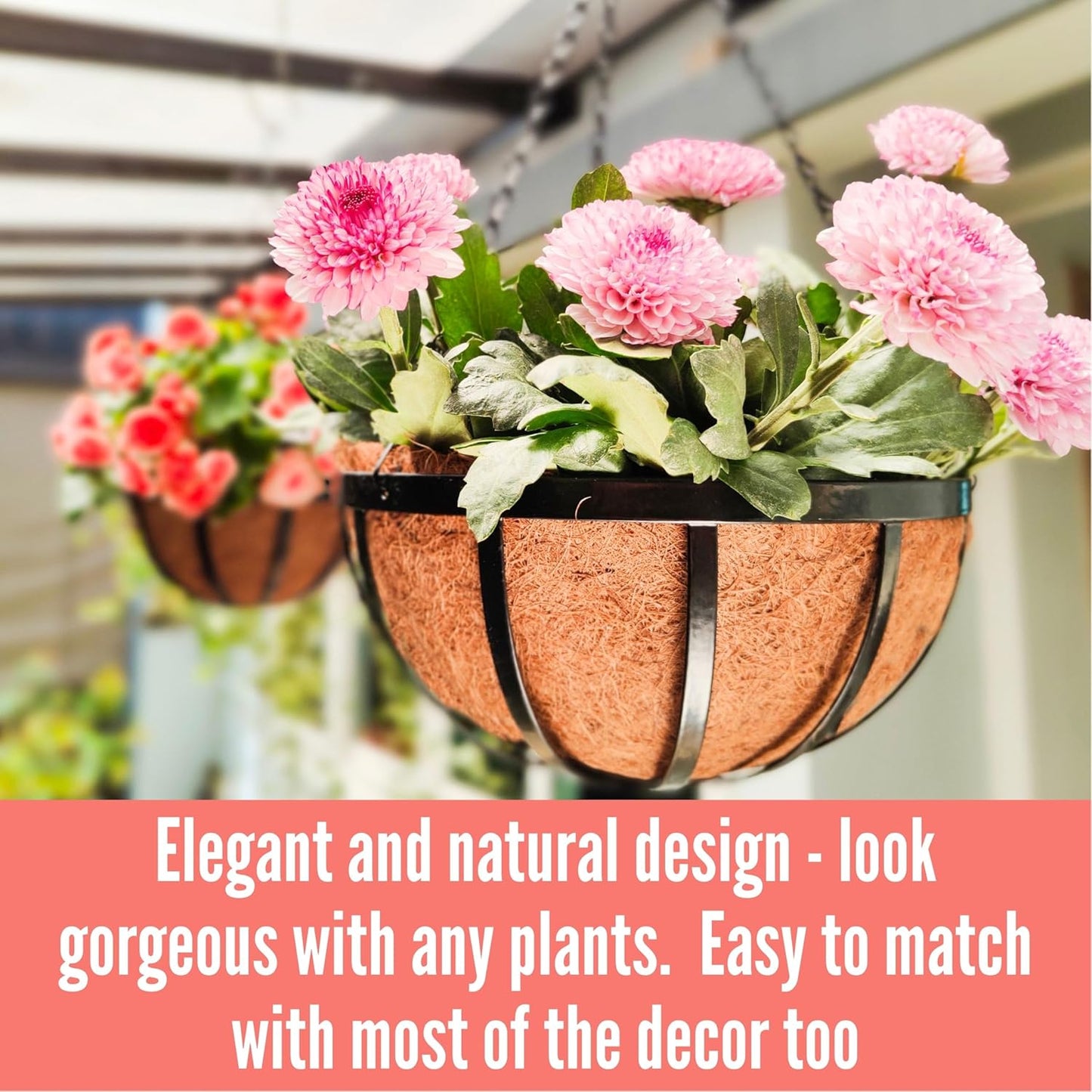 LaLaGreen Outdoor Hanging Baskets for Plants (2 Pack, 12 Inch) Medium Black Hanging Planters with Coco Liner, Metal Flat Iron Flower Pots for Deck Patio Porch Modern Garden Balcony Outside Decoration