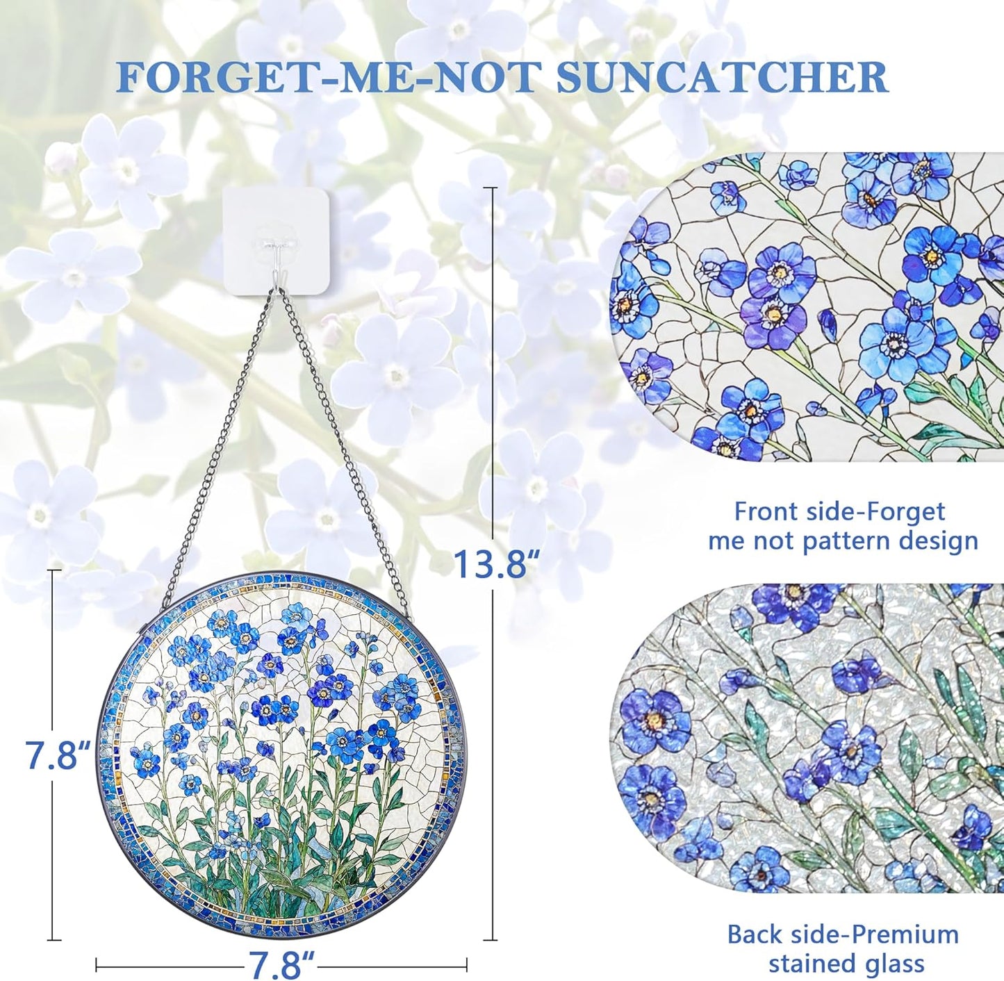 Forget-Me-Not Flower Stained Glass Suncatcher, 7.8 Inch Handmade Blue Floral Window Hanging Decor - Garden, Home Gift for Women, Mom, Grandma (Blue, Medium)