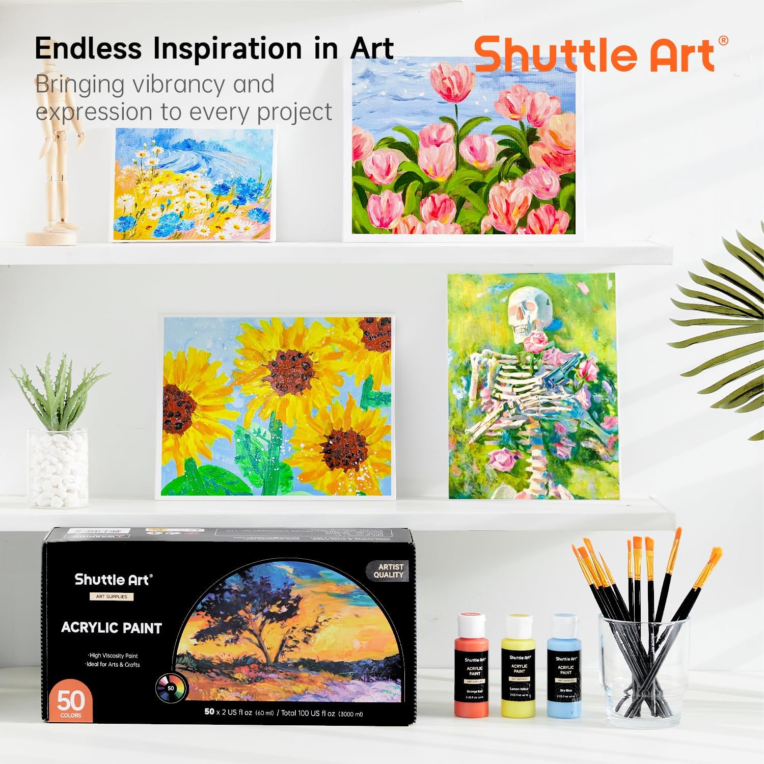 Shuttle Art Acrylic Paint, 50 Colors Acrylic Paint Set, 2oz/60ml Bottl