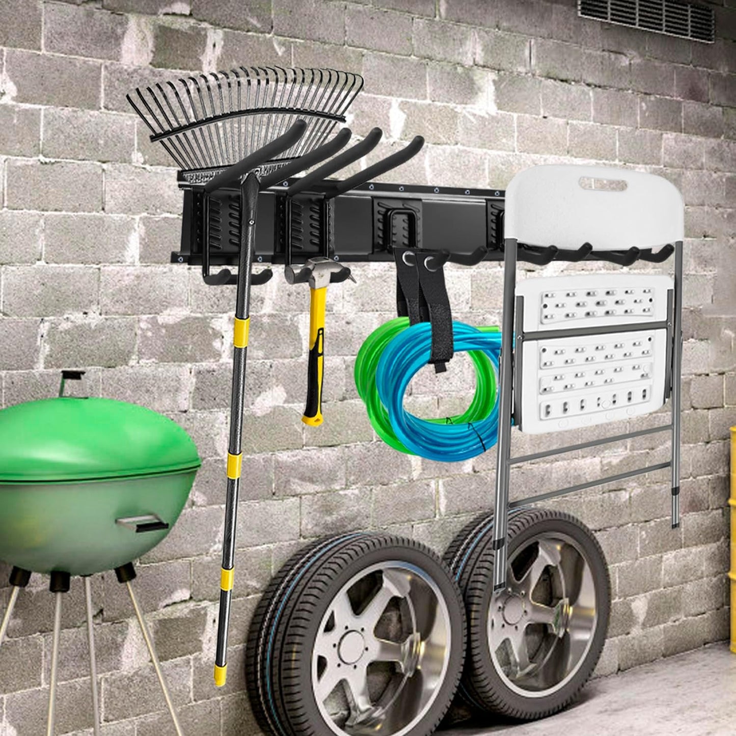 Garage Tool Organizer Wall Mount 48 inches Sturdy Storage Rack with Adjustable Hooks, Anti-Rust - Easy Installation, 12 Packs Capacity Garden Tool Organizer