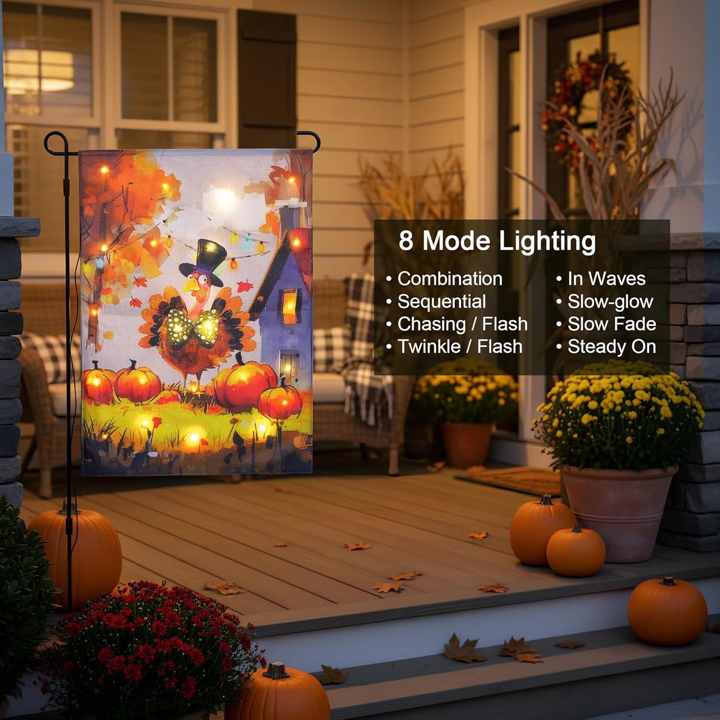 Thanksgiving Lighted Fall Garden Flag, Solar Outdoor Decorative Led Flags Yard Decor, 8 Lighting Modes Led Flag,12x18 Double Sided Turkey Pumpkin Halloween Decorations for Home Porch Outside