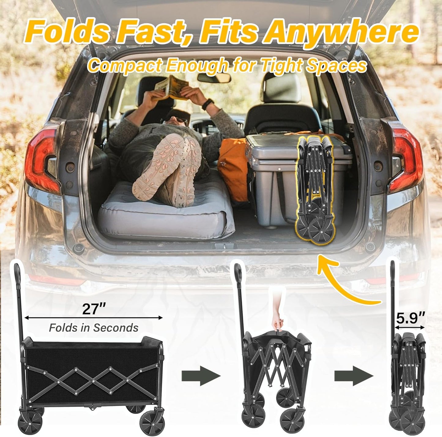 Collapsible Wagons Carts Foldable Wagon, Folding Wagon Cart with All-Terrain Wheels & 2 Cup Holders, Lightweight Portable Foldable Folding Wagons for Beach Camping Grocery Sports Garden, 360 LBS/Black