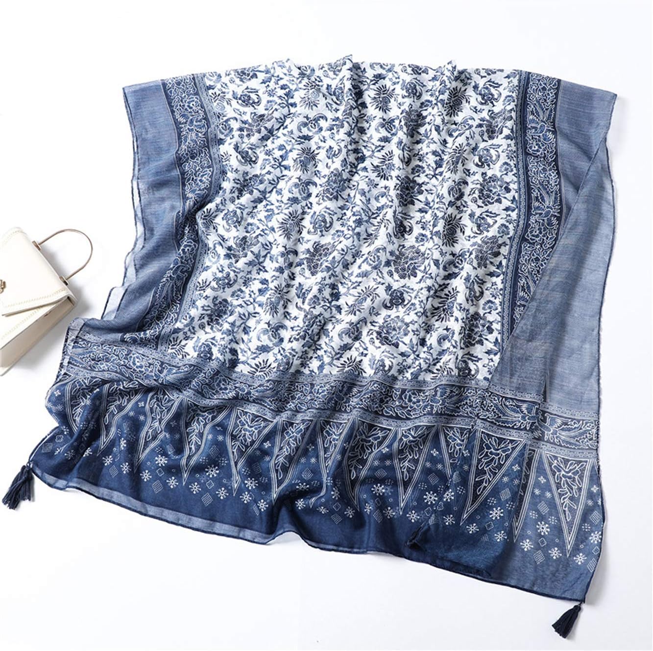 GUZOSJO Women's Boho Cotton Hemp Lightweight Floral Printed Scarf Long