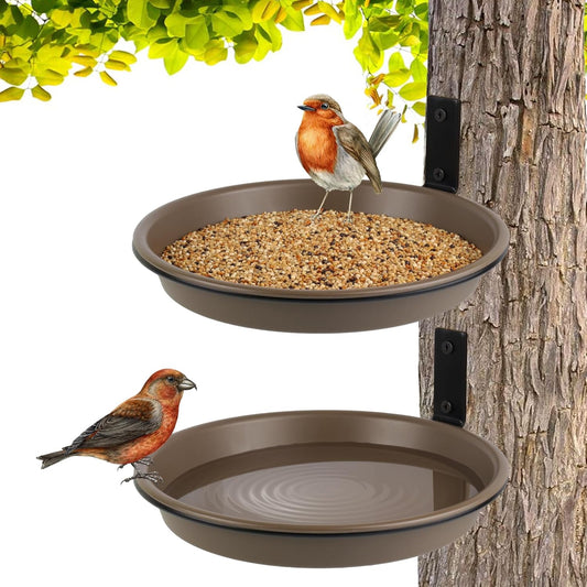 2 Pack Fence Bird Feeder Bath Tray for Outside, 8.4'' Plastic Wild Bird Bath Bowl with Metal Holder for Wood Post, Heavy Duty Wall Tree mounted Pet Squirrel Water Feeder Station Outdoor Garden