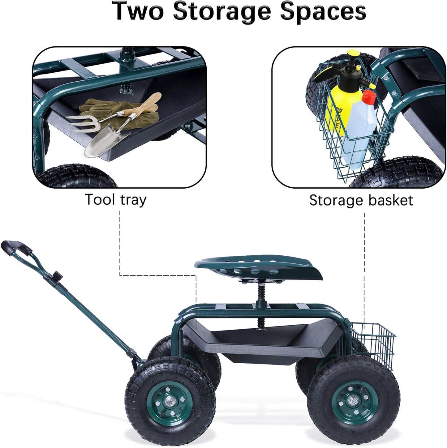 Heavy Duty Garden Cart with Seat and Wheels - Rolling Scooter Work Seat Utility Tool Cart - 330lbs Weight Capacity