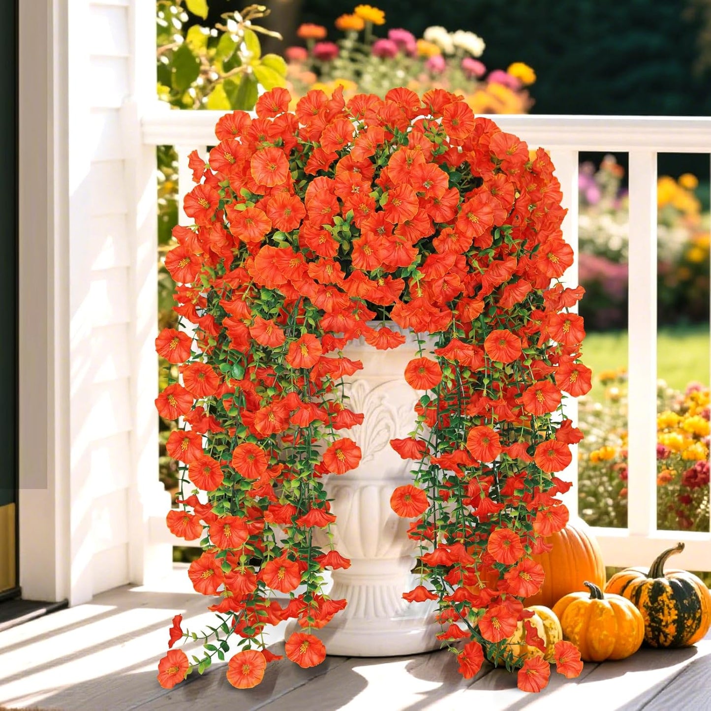 Artificial Fake Fall Hanging Flowers for Outdoors, 2 PCS Faux Silk Orange Morning Glory Trailing Vines UV Resistant No Fade Hanging Plants for Autumn Home Balcony Yard Box Pot Planter Decor