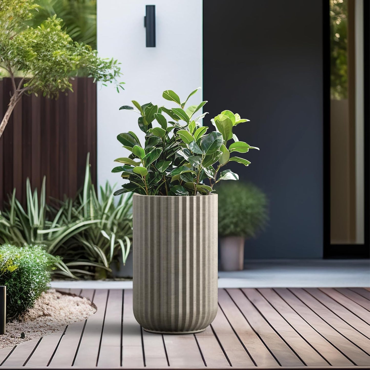 Kante Tall Fulted Planter, 17.7 Inch Tall Round Concrete Plant Pots wi