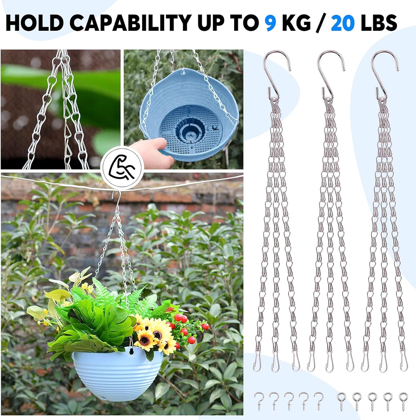 Glarks 15Pcs 16 Inch Metal Hanging Basket Chains Set, 3 Point Flower Plant Pot Replacement Chains with Hooks for Bird Feeders, Planters, Lanterns and Ornaments