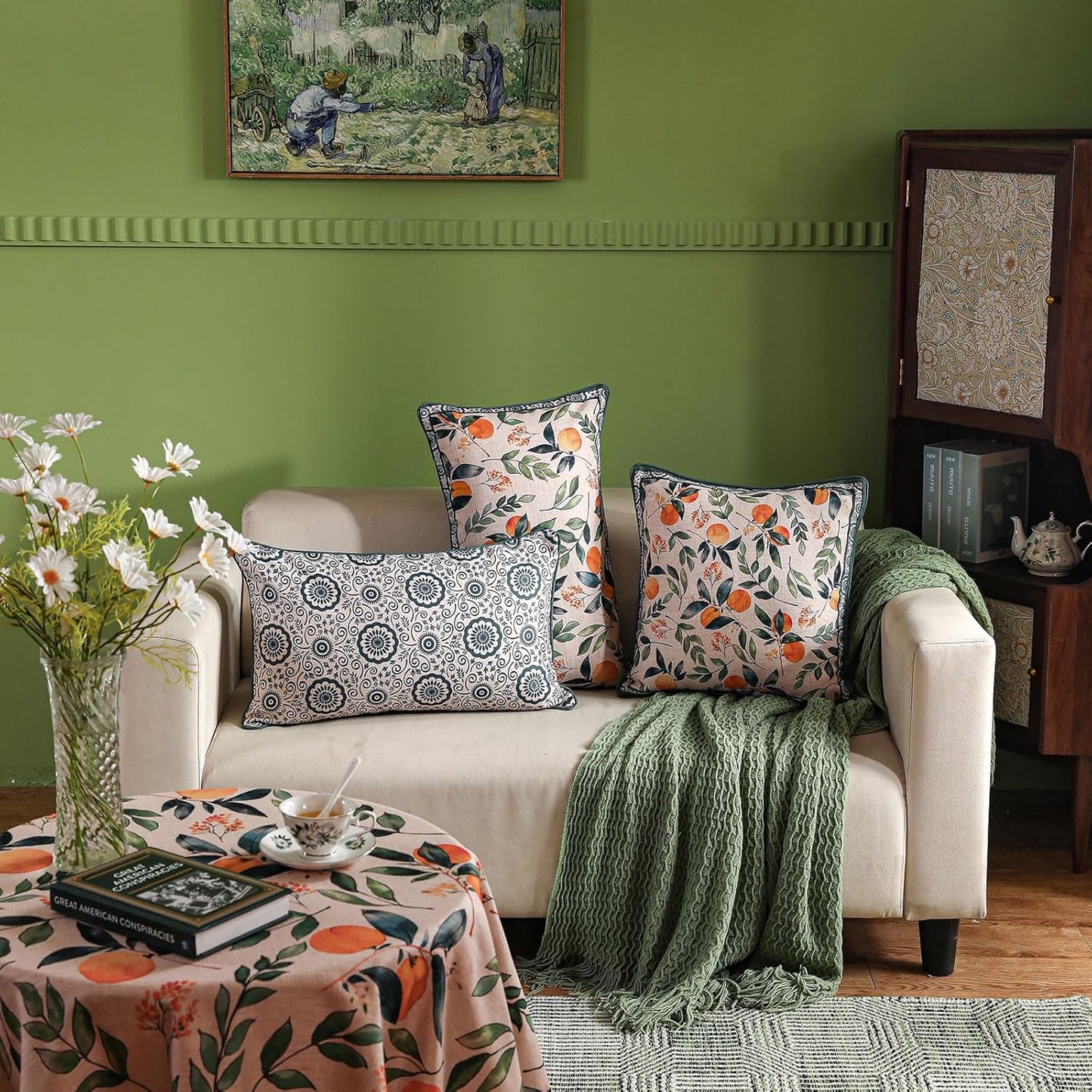 patdrea Designer Throw Pillow Covers Set of 2,Square Green Vintage Rustic Linen with Oranges Harvest Pattern Pillow Cover,Decorative Pillowcases Cushion for Bed Living Room Outdoor Car,18"x18"