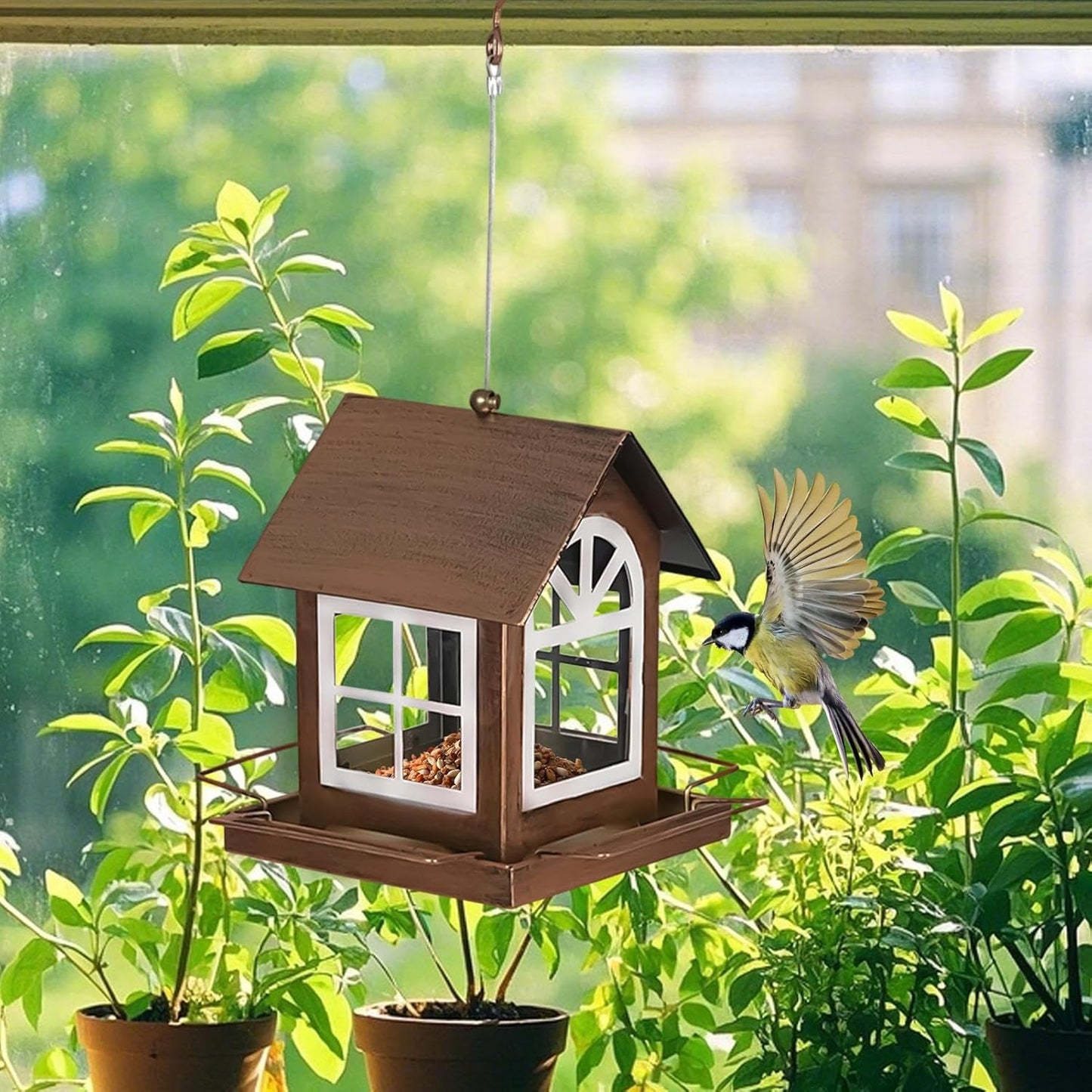 Metal Bird Feeder, Heavy Duty Feeding Station, House Shape Hangable Weatherproof Outdoor Bird Feeder for Backyard Garden Balcony Patio Decor Providing Safe and Durable Feeding for Wild Birds