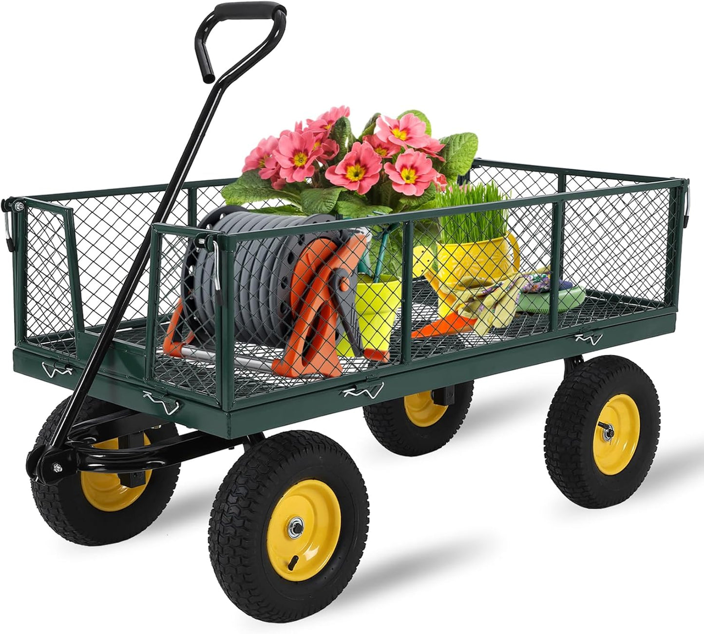 GarveeLife Garden Cart on Wheels 1100 LBS Capacity, Heavy Duty Full Steel Utility Wagon, Versatile Flatbed Carts with Removable Mesh Sides, 180° Rotating Handle, Fit for Outdoor Garden, Lawn, Yard