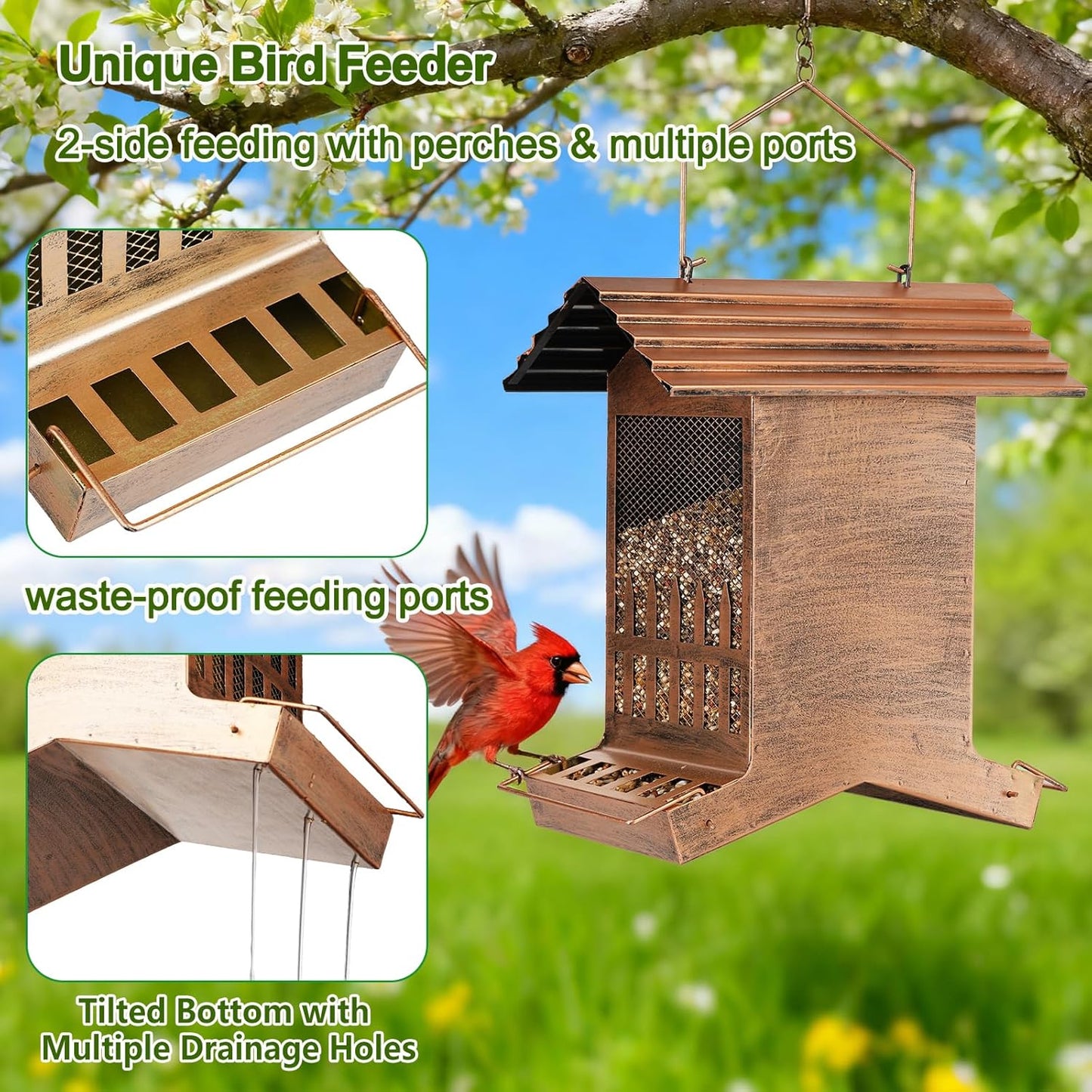 Large Bird Feeder, Extra Large 8 Lbs Capacity with 2-Side Feeding, Weatherproof Wasteproof Hanging Metal Bird Feeders for Outdoor, Easy to Clean & Refill
