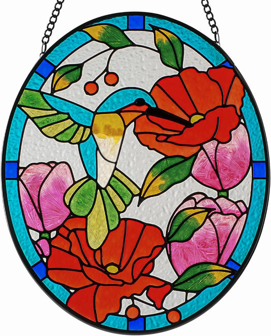 Stained Glass Window Hangings Decor Hand-Painted Pendant Suncatcher Panel with Chain (10x8 Hummingbird)